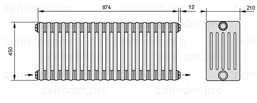 Схема (чертеж) Радиатор Zehnder Charleston 6045/19 №2670 Белый глянцевый RAL 9016
